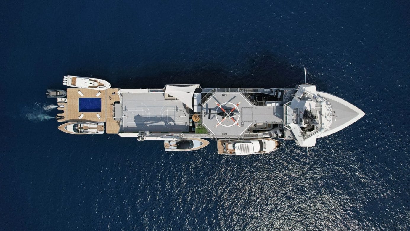 Aerial view of a superyacht support vessel