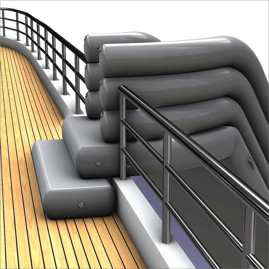 An inflatable Inflatable Platforms and Docks is sitting on a wooden platform in a garage.