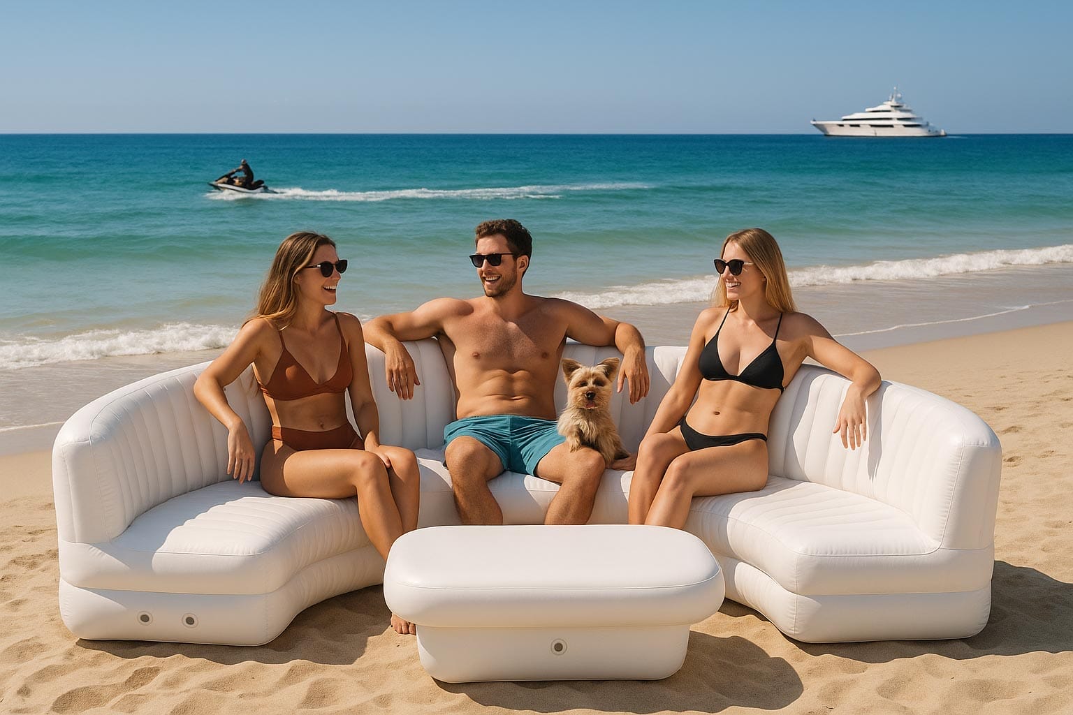 Inflatable platforms with water toys on attached to the stern of a large yacht