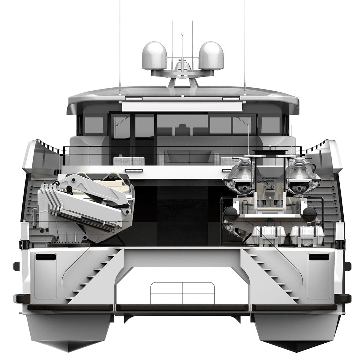 Chase Boats Two people operating a small blue boat with a fully enclosed cabin